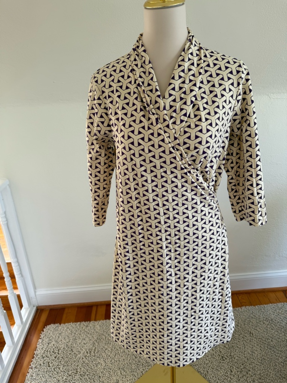 J. McLaughlin Cream and Purple Catalina Cloth Faux-Wrap Dress Size L